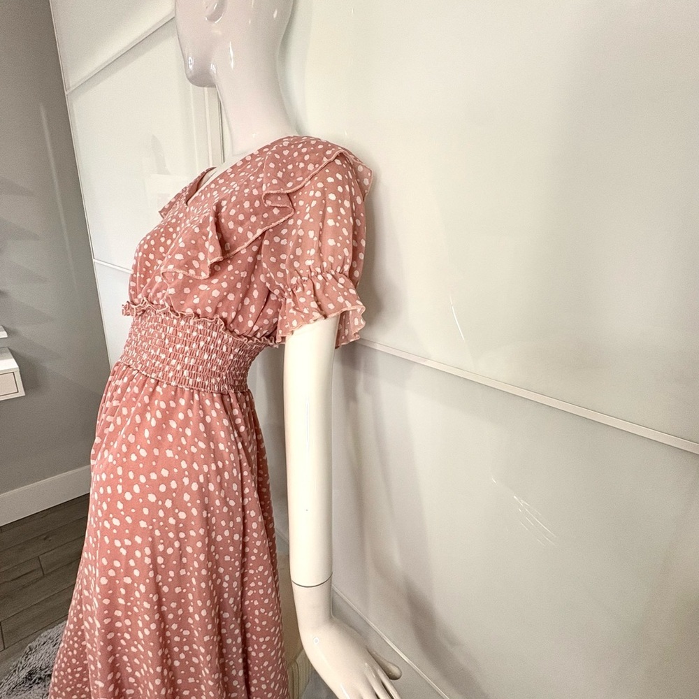 🎀 Coquette Romantic Dusty Rose Smocked Picnic Midi Dress Flutter Sleeve Sz M - Picture 3 of 7